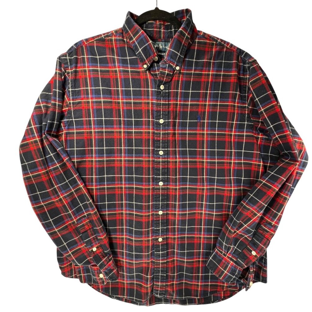 Ralph Lauren Mens Flannel Shirt Navy Blue Red Plaid Button Up XL Classic Fit